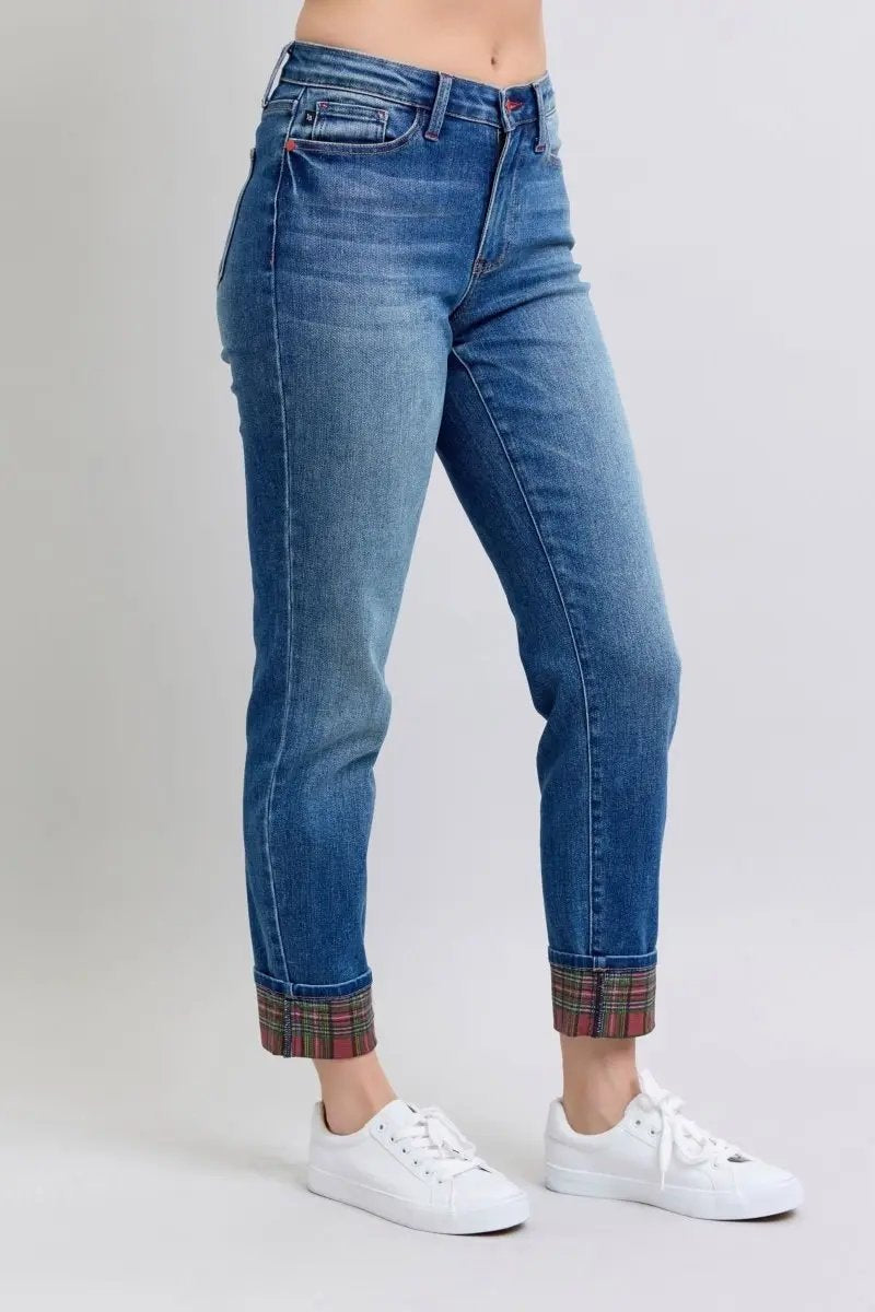 Judy Blue Full Size Plaid Print Cuff Straight Leg Jeans with Pockets - Love Salve
